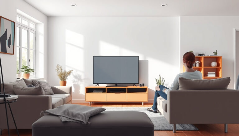 55 tuuman televisio olohuoneen matalalla tv-tasolla ja sohvalla istuva henkilö katseluetäisyydessä.