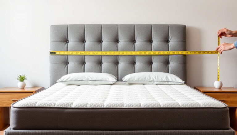Makuuhuoneessa 160 cm leveän sängyn takana on verhoiltu nappitopattu sängynpääty, jonka mittoja henkilö vertaa mittanauhalla seinää vasten.