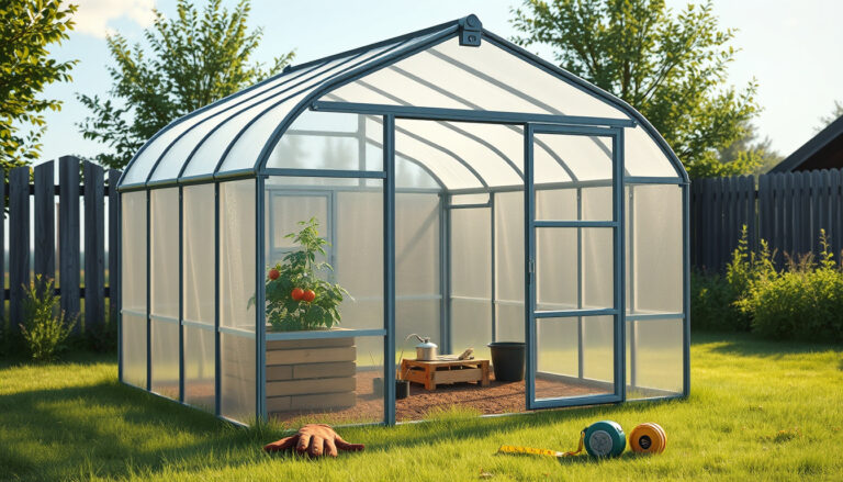 Pieni kaarikattoinen polykarbonaattikasvihuone pihanurmikolla puiden ympäröimänä aurinkoisena päivänä.
