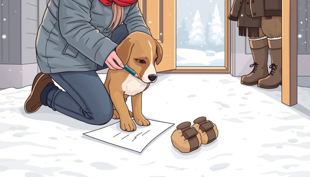 Omistaja mittaa koiran etutassun paperille lumisessa eteisessä, vieressä fleecetossuja tarrakiinnityksellä.